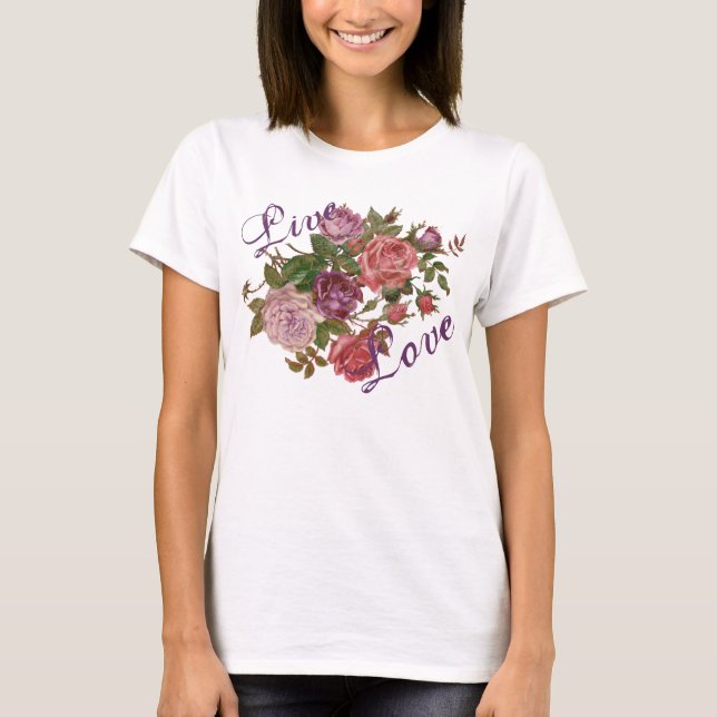 Live Kärlek Söt Lila Blommigt Ro Tee Shirt (Framsida)