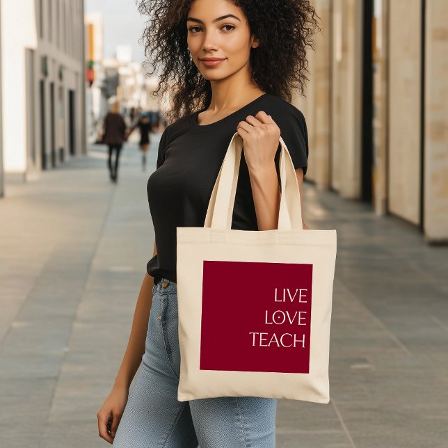 "LIVE KÄRLEK TEACH" Deep Red and Cream Tote Bag Tygkasse (Skapare uppladdad)