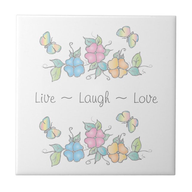 Live Laugh | Butterfly Blommigt Vattenfärg Kakelplatta (Framsidan)