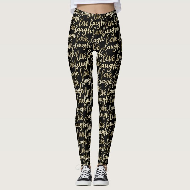 Live Laugh Kärlek Faux Guld Lettering Black Leggings (Framsida)