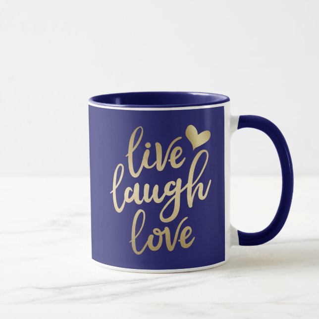 Live Laugh Kärlek Faux Guld Lettering Navy Blue Mu Mugg (Höger)