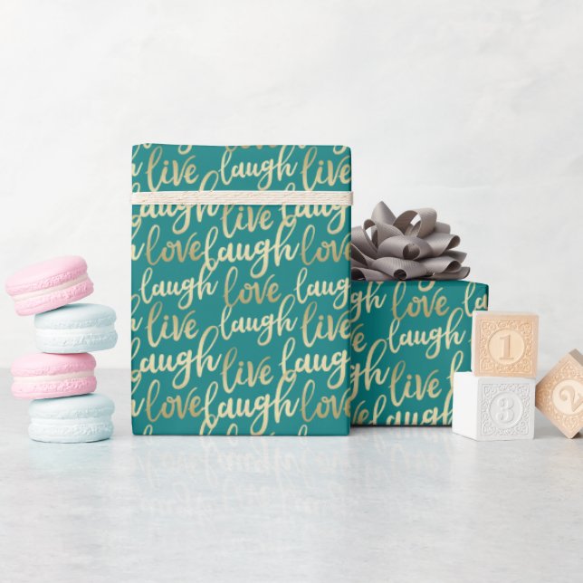 Live Laugh Kärlek Faux Guld Lettering Teal Presentpapper (Baby Shower)
