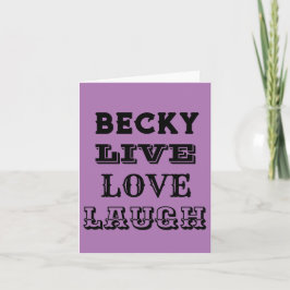 LIVE LAUGH KÄRLEK NAMN LILA MODERN CARD ANTECKNINGSKORT