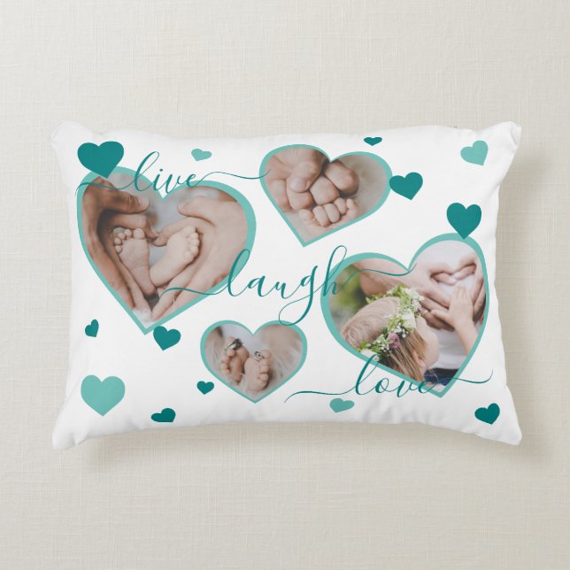Live Laugh Kärlek Photo Hearts Teal Accent Pillow Prydnadskudde (Framsidan)