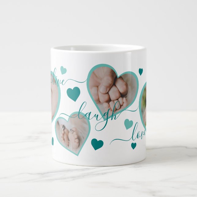 Live Laugh Kärlek Photo Hearts Teal Jumbo Mugg (Framsidan)