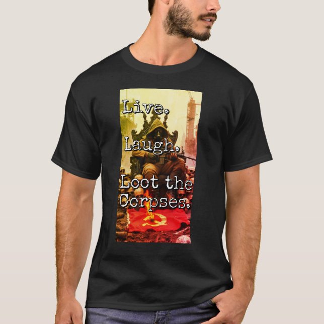 Live Laugh Loot Warlord Throne Skull Decor Burning T Shirt (Framsida)