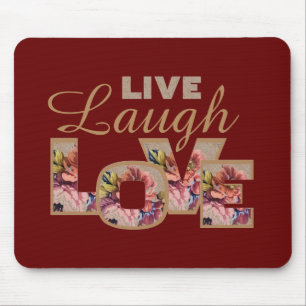 Live, Laugh, Love Rustic Floral på Burgundy Musmatta