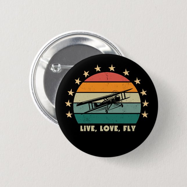 "Live Love Fly" Text,Gammaldags Flygplan Retro Sol Knapp (Framsida & baksida)