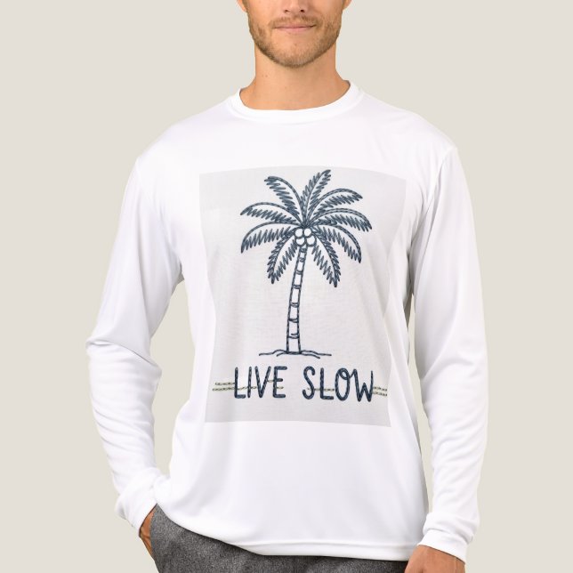 "Live Slow" Palm Tree Embroidery Design - Tropical T Shirt (Framsida)