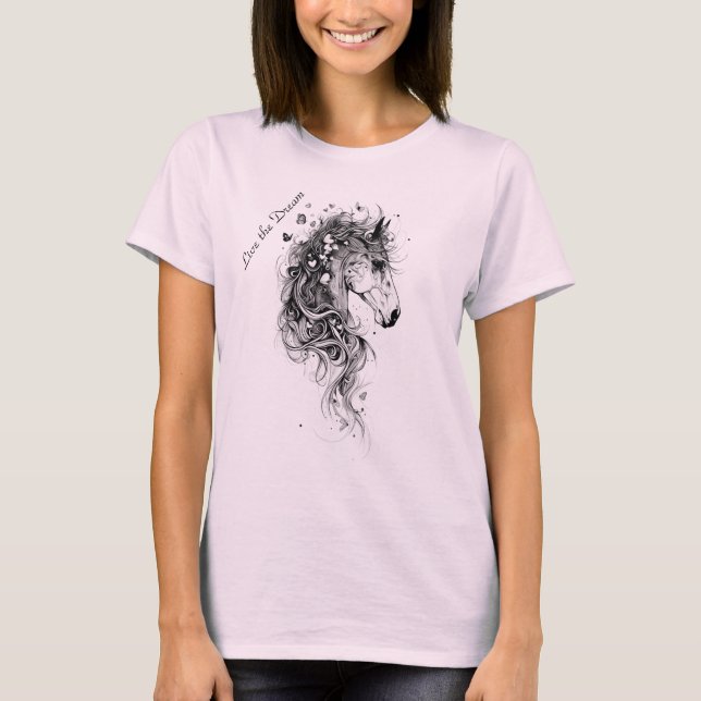 "Live the Dream B&W Whimsical Abstrakt Horse T Shirt (Framsida)