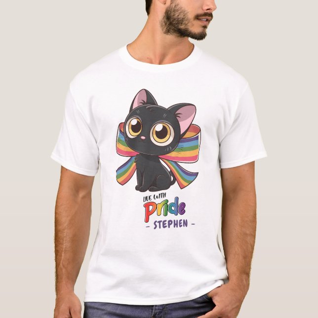 Live with Pride - Rainbow Cat LGBTQ Pride T Shirt (Framsida)