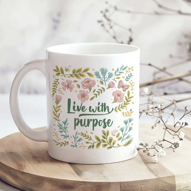 "Live with Purpose" Boho Neutralt Wildblommor Kaffemugg ("Live with Purpose" Boho Neutral Wildflowers Coffee Mug on a boho kitchen table with dry flowers)