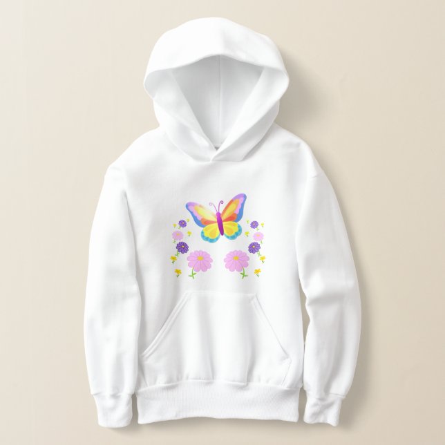 Lively Butterfly and Flowers Kids' Hoodie T Shirt (Laydown)