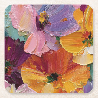 Lively Impasto Blommig Målning Fyrkantig Ölkopp Underlägg Papper Kvadrat