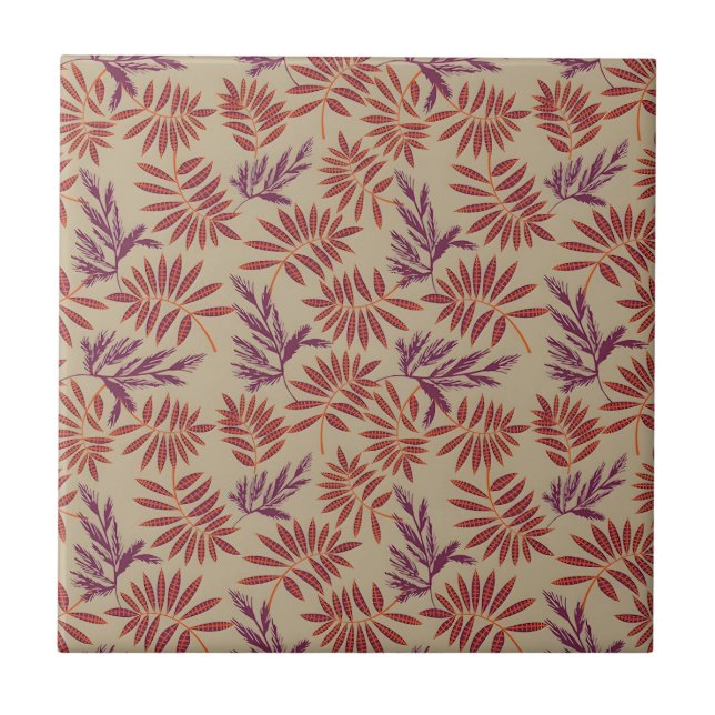 Lively Red and Purple Leaf Motifs on Neutral Beige Kakelplatta (Framsidan)