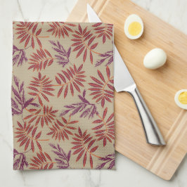 Lively Red and Purple Leaf Motifs on Neutral Beige Kökshandduk