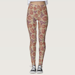Lively Red and Purple Leaf Motifs on Neutral Beige Leggings