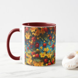 Livelyt gul och röd blommig mönsterdesign mugg