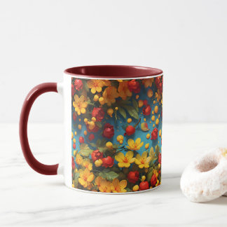 Livelyt gul och röd blommig mönsterdesign mugg