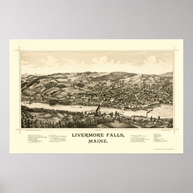 Livermore Falls, ME Panoramic Karta - 1889 Poster (Framsidan)