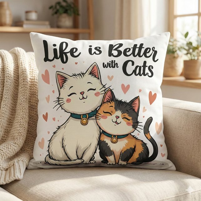 Livet är bättre med Cats Cute Cat Aesthetic Kudde (Life is Better with Cats Cute Cat Aesthetic White Throw Pillow Mockup A.)