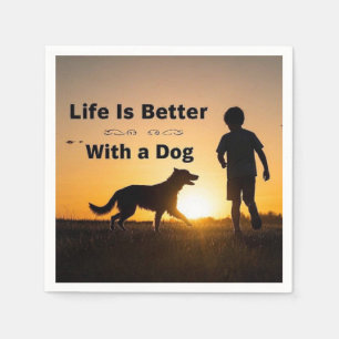 Livet är bättre med en Hund, unge pojke, solnedgån Pappersservett