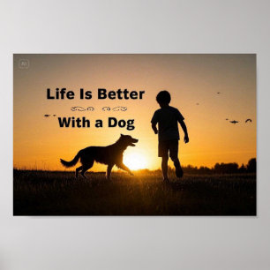 Livet är bättre med en Hund, unge pojke, solnedgån Poster