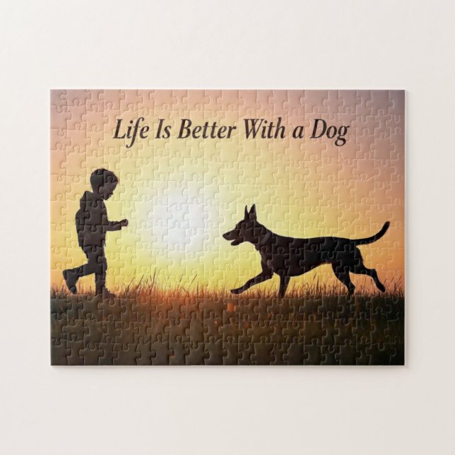 Livet är bättre med Hund, pojke och solljus Pussel (Horisontell)
