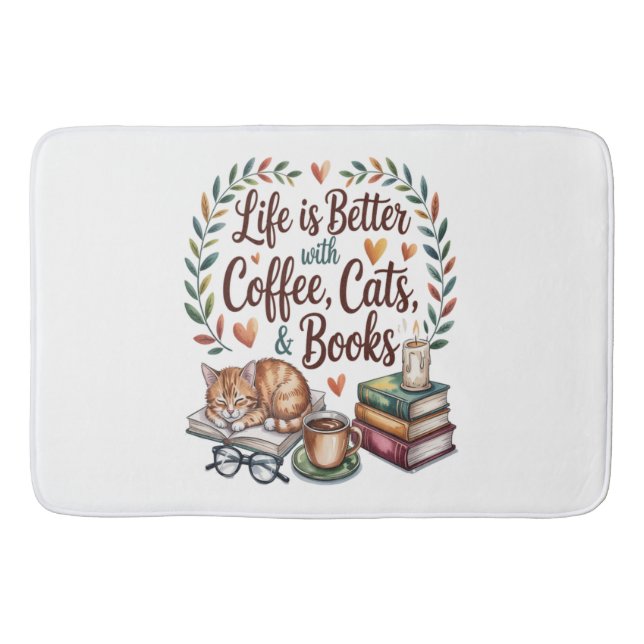 Livet är Bättre med Kaffe Katter Böcker Badrumsmatta (Framsidan)