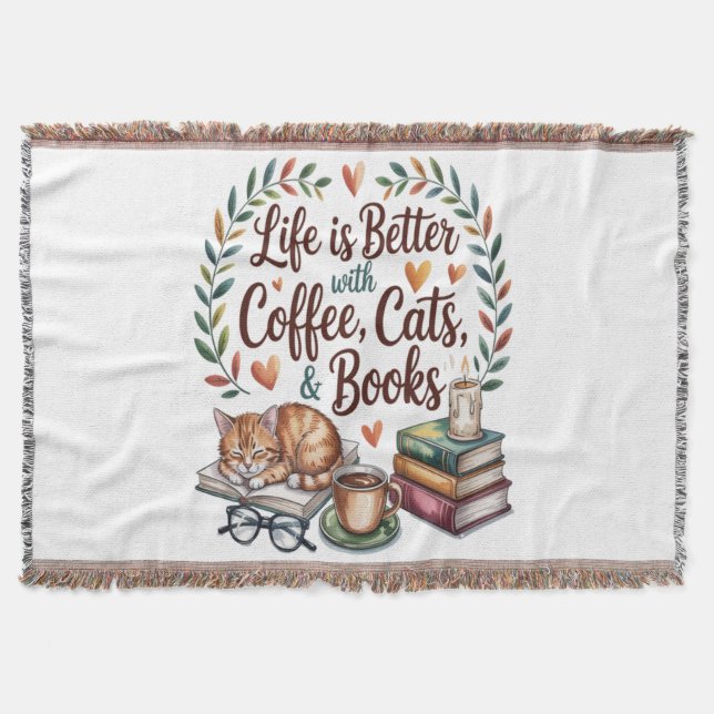 Livet är bättre med kaffe katter böcker filt (Framsidan)