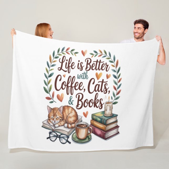 Livet är bättre med kaffe katter böcker fleecefilt (På plats)