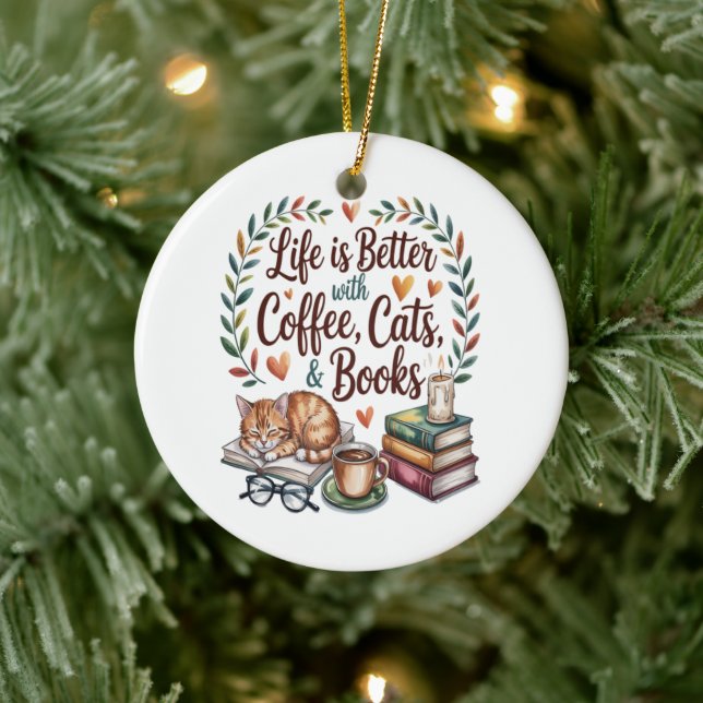 Livet är Bättre med Kaffe Katter Böcker Julgransprydnad Keramik (Träd)