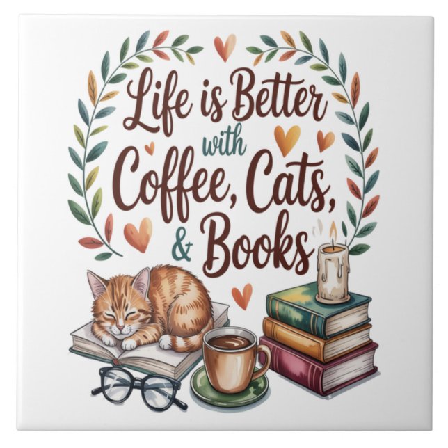 Livet är Bättre med Kaffe Katter Böcker Kakelplatta (Framsidan)