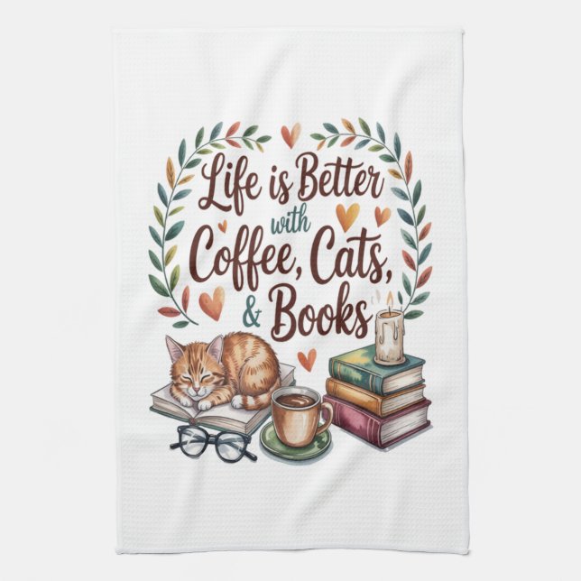 Livet är bättre med kaffe katter böcker kökshandduk (Vertikal)