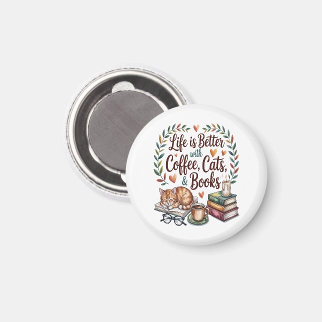 Livet är bättre med kaffe katter böcker magnet (Front/Back)
