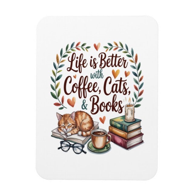 Livet är bättre med kaffe katter böcker magnet (Vertikal)
