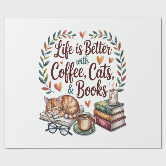 Livet är Bättre med Kaffe Katter Böcker Presentpapper (Platt)