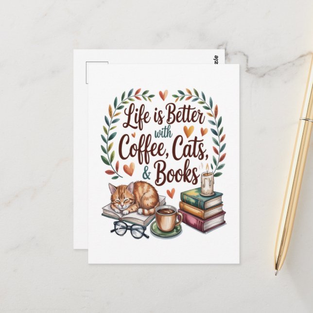 Livet är bättre med kaffe katter böcker vykort (Fram/Back In Situ)