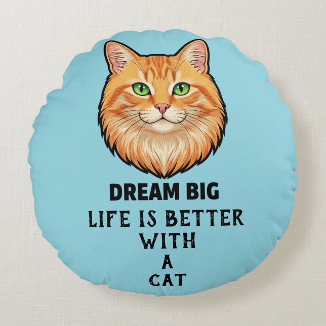 Livet Är Bättre Med Katt Rund Kudd Kudde (Framsidan)