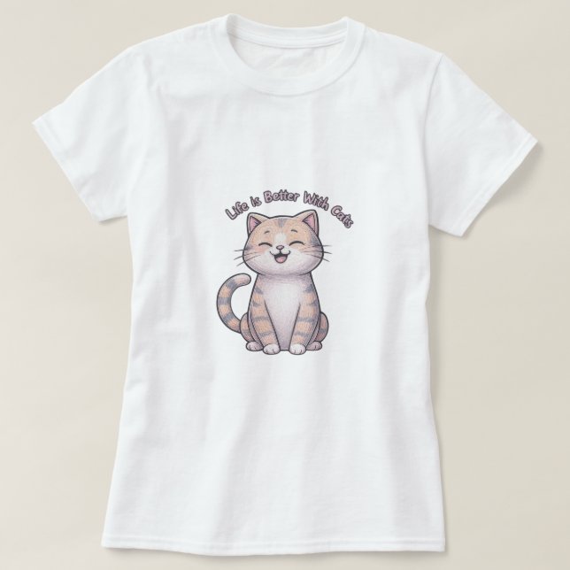Livet är bättre med katter - Lycklig Cat Ansikte T Shirt (Design framsida)
