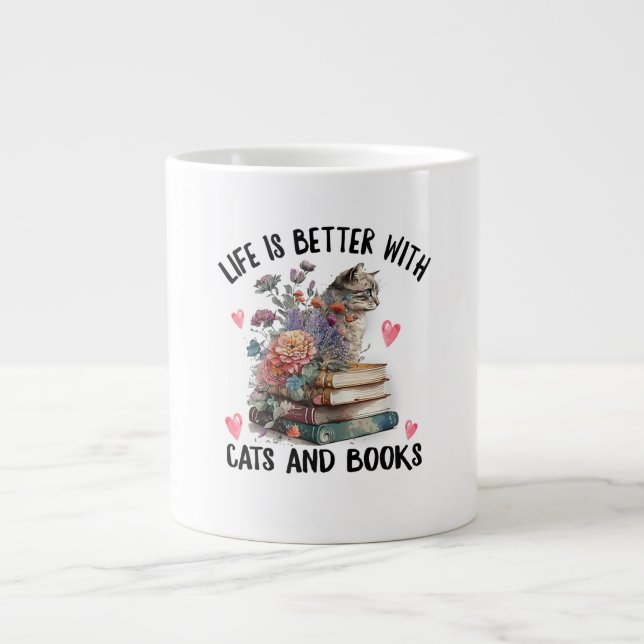 Livet är bättre med katter och böcker Rolig katt Jumbo Mugg (Framsidan)