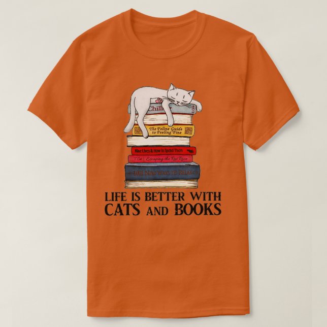 Livet är bättre med katter och Bokar - Katt Bok T Shirt (Design framsida)