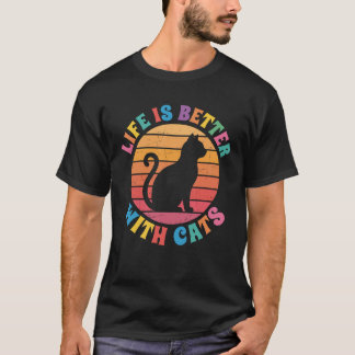 Livet är bättre med katter Retro solnedgång kattäl T Shirt