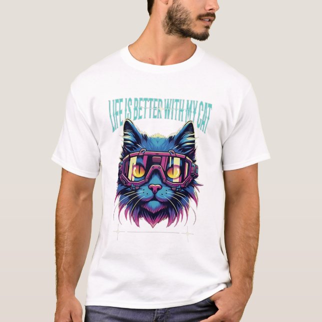Livet är bättre med mitt katt - Futuristiska Cat L T Shirt (Framsida)