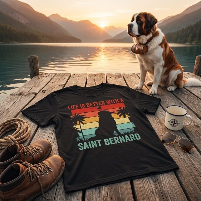 Livet är bättre med Saint Bernard Retro-solnedgång T Shirt (Skapare uppladdad)