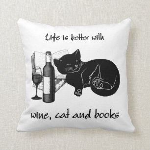LIVET ÄR BÄTTRE MED VIN CAT OCH BOKAR KUDDE