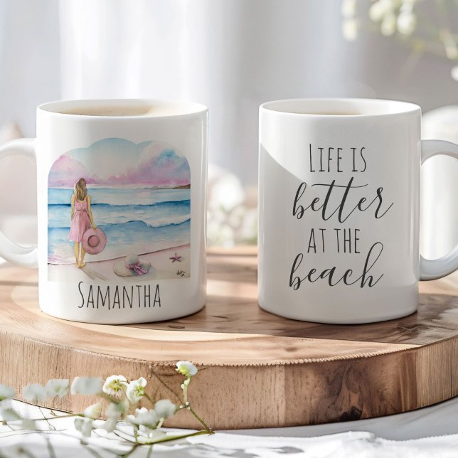 Livet är bättre på Beach-Kaffe koppar (Beach coffee mugs watercolor pink and blue art by Victoria Grigaliunas of Do Tell A Belle)