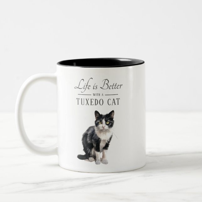 Livet är bättre Tuxedo Cat Två-Tonad Mugg (Vänster)