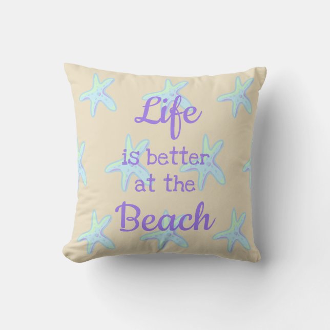 Livet är bättre vid Beach Starfish Dekorativ kudde (Framsida)