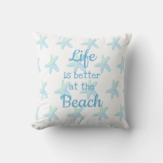 Livet är bättre vid Beach Starfish Dekorativ kudde (Framsida)